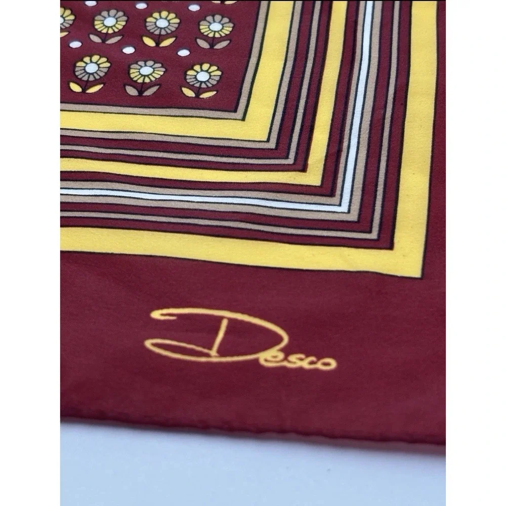 VTG Desco Scarf Mod Floral Polka Dot Burgundy Yellow Retro 70s Square Japan 25